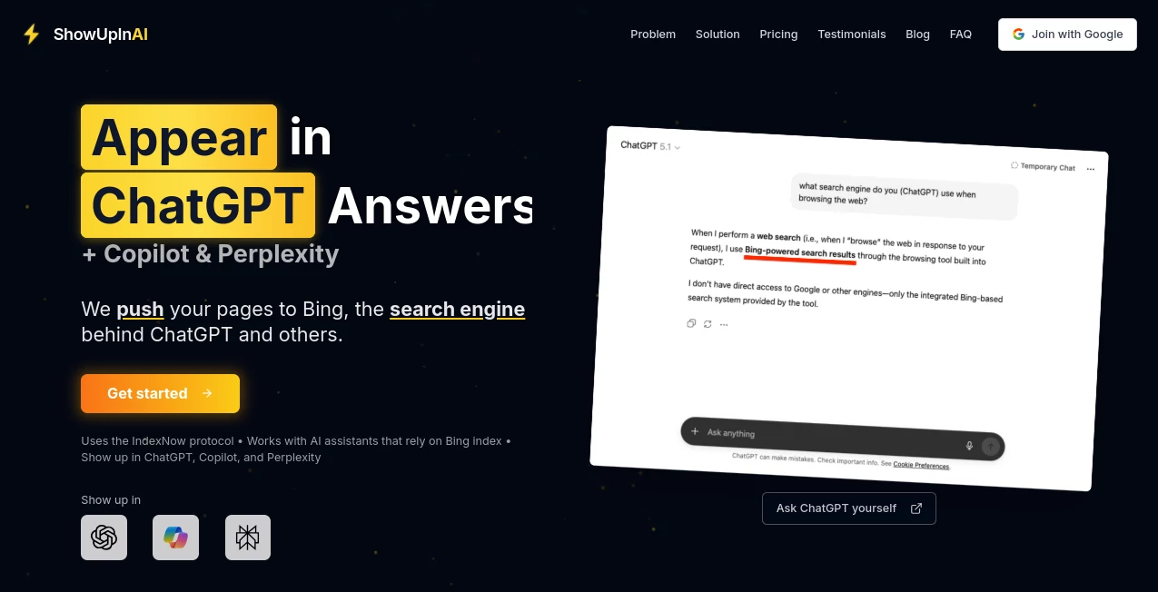 Screenshot of ShowUpInAI – An AI tool in the ,AI SEO Assistant ,AI Marketing Plan Generator ,AI Analytics Assistant ,AI Developer Tools  category, showcasing its interface and key features.