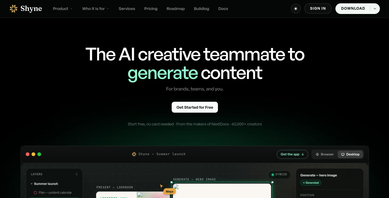 Screenshot of Shyne – An AI tool in the ,AI Video Editor ,AI Presentation Generator ,AI Graphic Design ,AI Productivity Tools  category, showcasing its interface and key features.