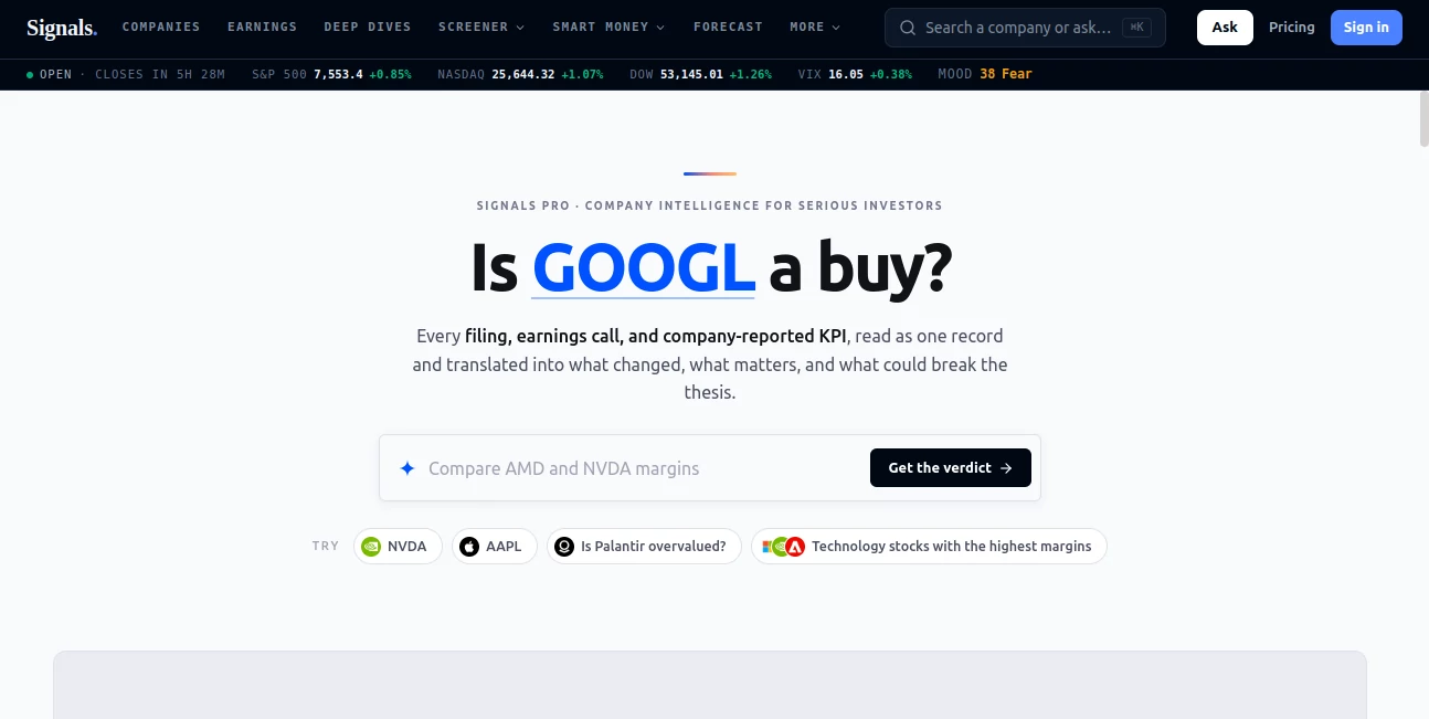 Screenshot of Signals.ai – An AI tool in the ,AI Investing Assistant ,AI Research Tool ,AI Analytics Assistant ,Business  category, showcasing its interface and key features.