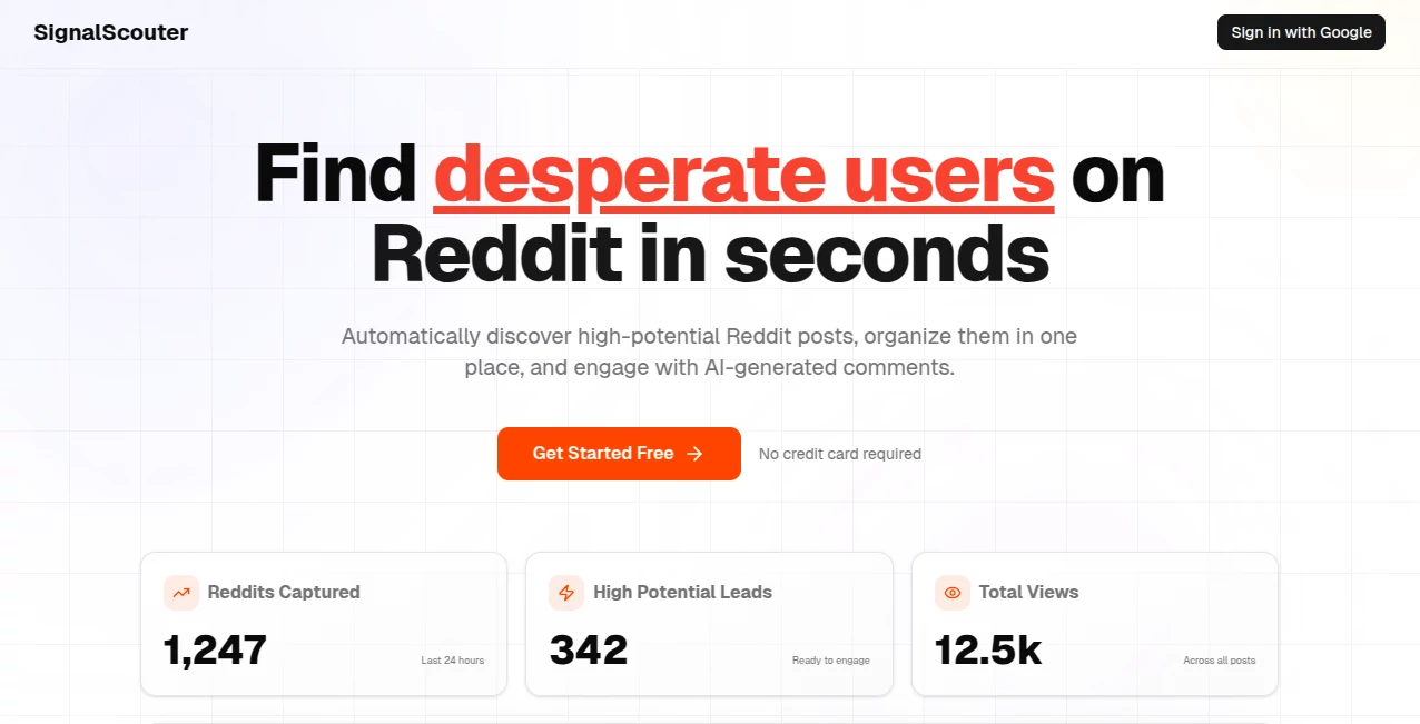 Screenshot of SignalScouter – An AI tool in the ,AI Lead Generation ,AI Marketing Plan Generator ,AI Social Media Assistant ,AI Response Generator  category, showcasing its interface and key features.