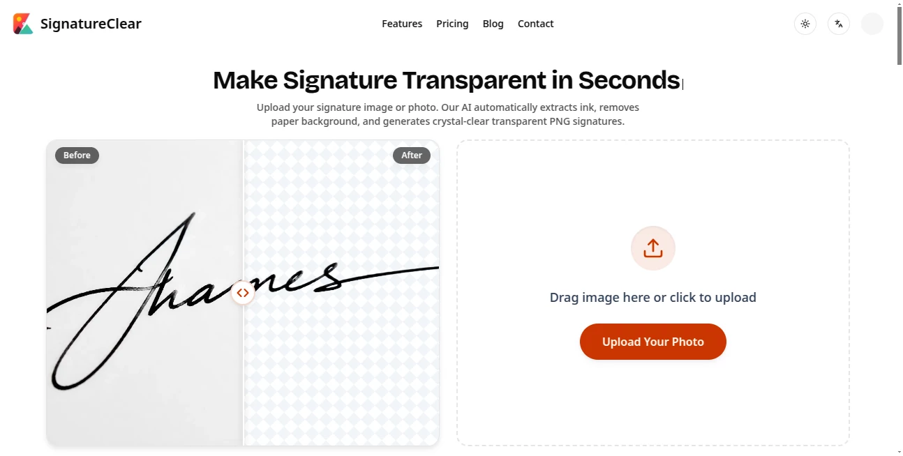 Screenshot of SignatureClear – An AI tool in the ,AI Photo & Image Generator ,Photo & Image Editor ,AI Background Remover ,AI Photography  category, showcasing its interface and key features.
