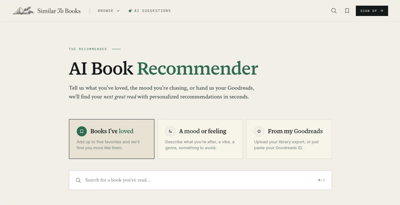 Screenshot of Similar To Books – An AI tool in the  category, showcasing its interface and key features.