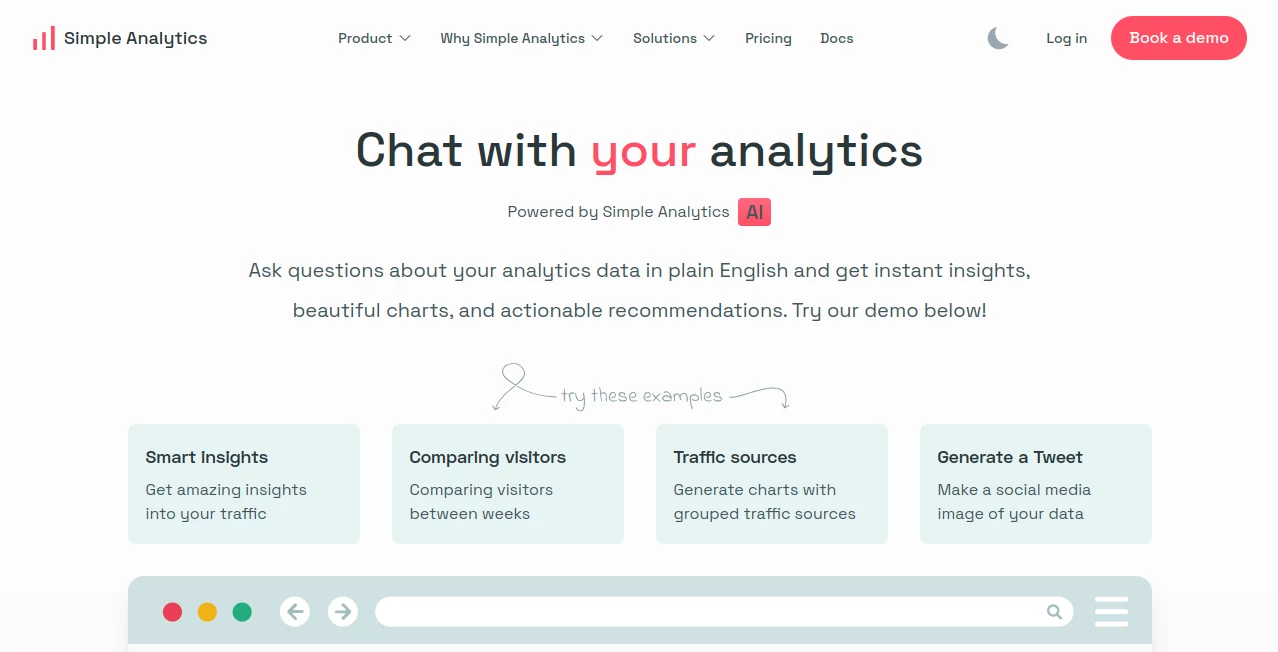 Screenshot of Simple Analytics – An AI tool in the ,AI Analytics Assistant  category, showcasing its interface and key features.