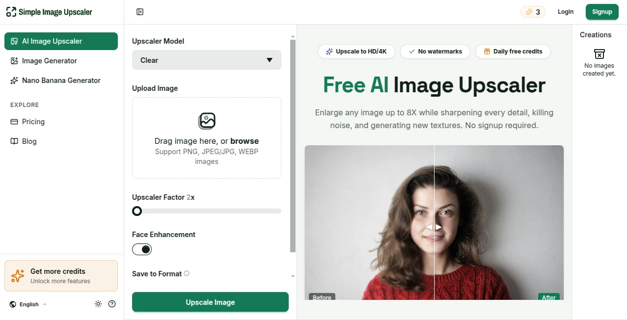 Screenshot of Simple Image Upscaler – An AI tool in the ,AI Photo & Image Generator ,Photo & Image Editor ,AI Photo Enhancer ,AI Image to Image  category, showcasing its interface and key features.