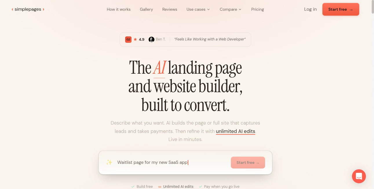 Screenshot of SimplePages AI – An AI tool in the ,AI Landing Page Builder ,AI Website Builder ,AI Design Generator ,AI Graphic Design  category, showcasing its interface and key features.