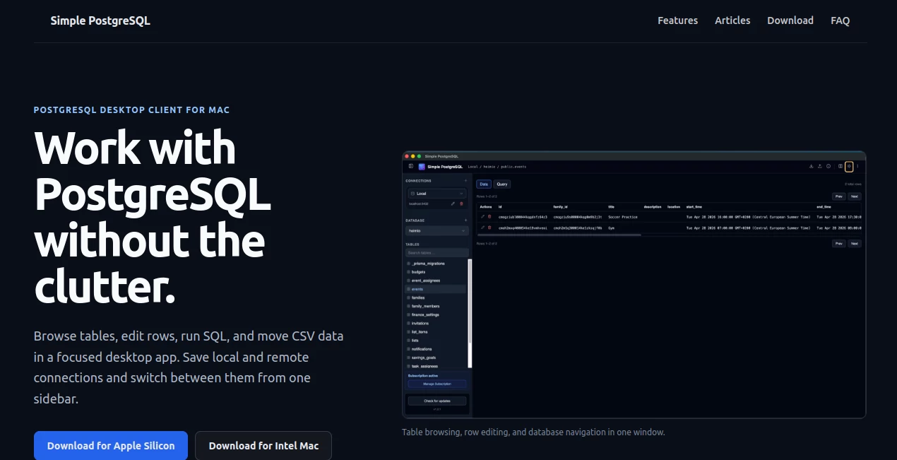Screenshot of Simple PostgreSQL – An AI tool in the ,AI Productivity Tools ,Code & IT ,AI Developer Tools  category, showcasing its interface and key features.