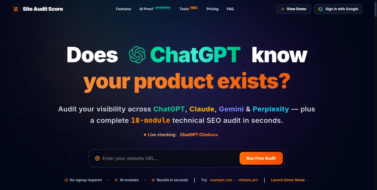 Screenshot of Site Audit Score – An AI tool in the ,AI SEO Assistant ,AI Analytics Assistant  category, showcasing its interface and key features.