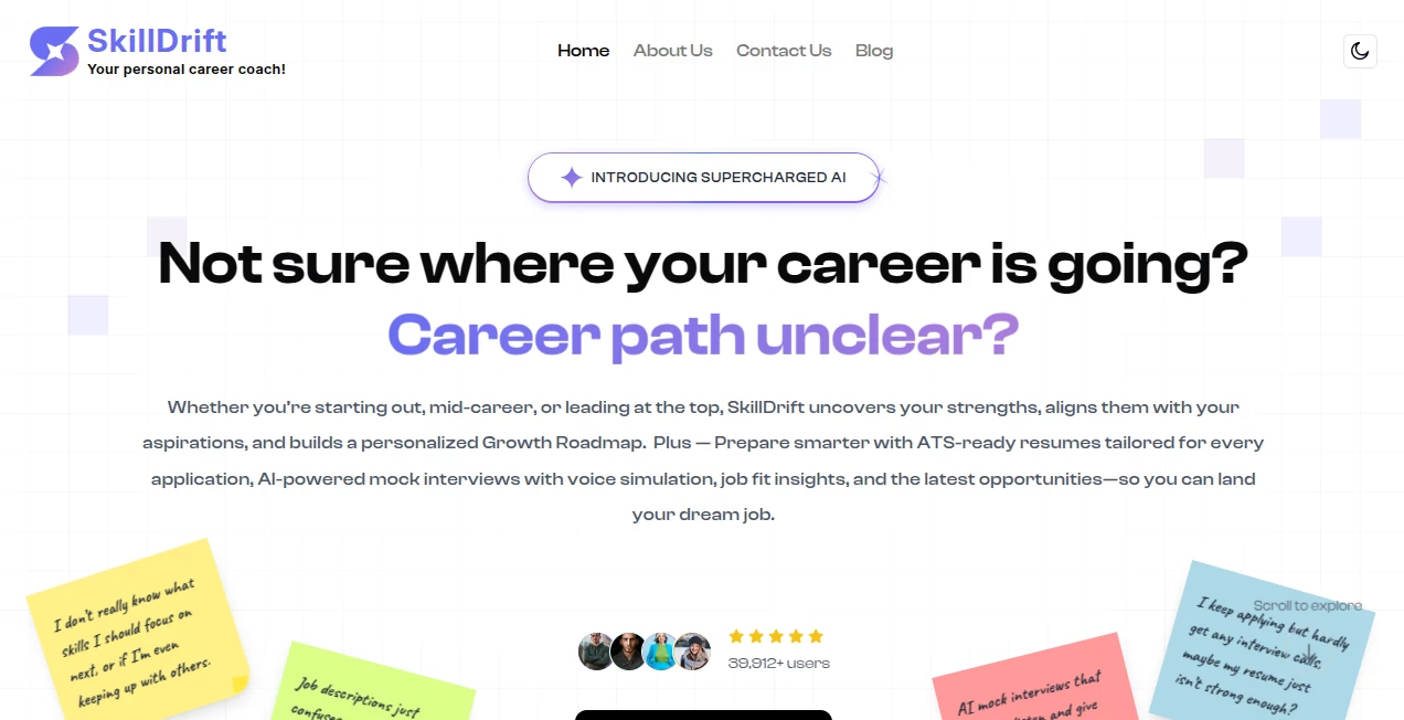 Screenshot of Skilldrift – An AI tool in the ,AI Education Assistant ,AI Interview Assistant ,AI Recruiting ,AI Resume Builder  category, showcasing its interface and key features.
