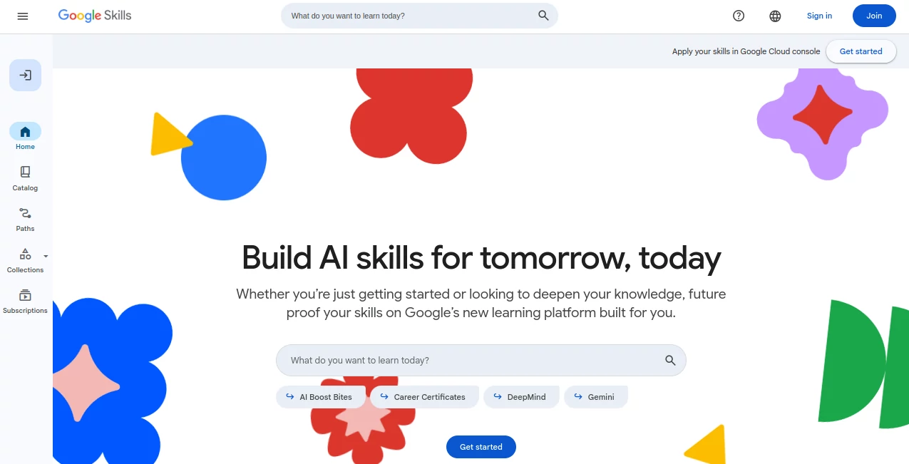 Screenshot of Google Skills – An AI tool in the ,AI Knowledge Base ,AI Tutorial ,AI Course ,AI Education Assistant  category, showcasing its interface and key features.