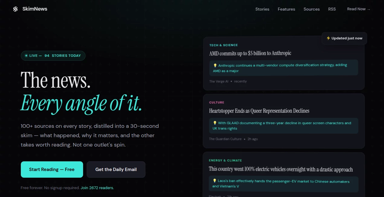 Screenshot of SkimNews – An AI tool in the ,AI Research Tool ,AI Analytics Assistant ,AI Knowledge Management ,AI Newsletter  category, showcasing its interface and key features.