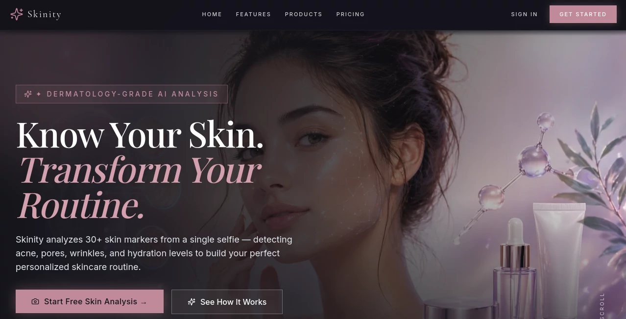 Screenshot of Skinity – An AI tool in the ,AI Photo Enhancer ,AI Selfie & Portrait ,AI Life Assistant ,AI Healthcare  category, showcasing its interface and key features.