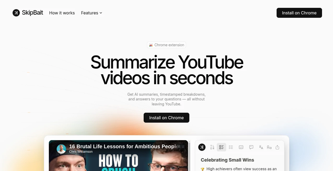 Screenshot of SkipBait – An AI tool in the ,AI YouTube Assistant ,AI Summarizer ,AI Transcription ,AI Productivity Tools  category, showcasing its interface and key features.