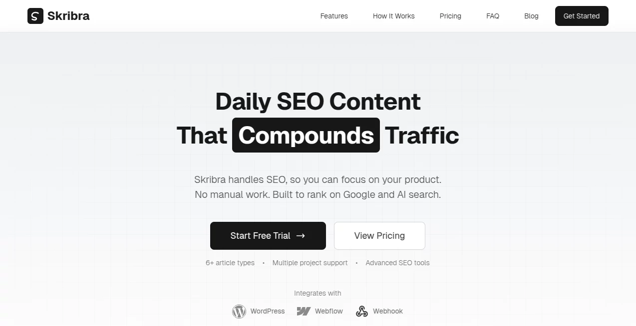 Screenshot of Skribra – An AI tool in the ,AI Blog Writer ,AI Content Generator ,AI SEO Assistant ,AI Marketing Plan Generator  category, showcasing its interface and key features.
