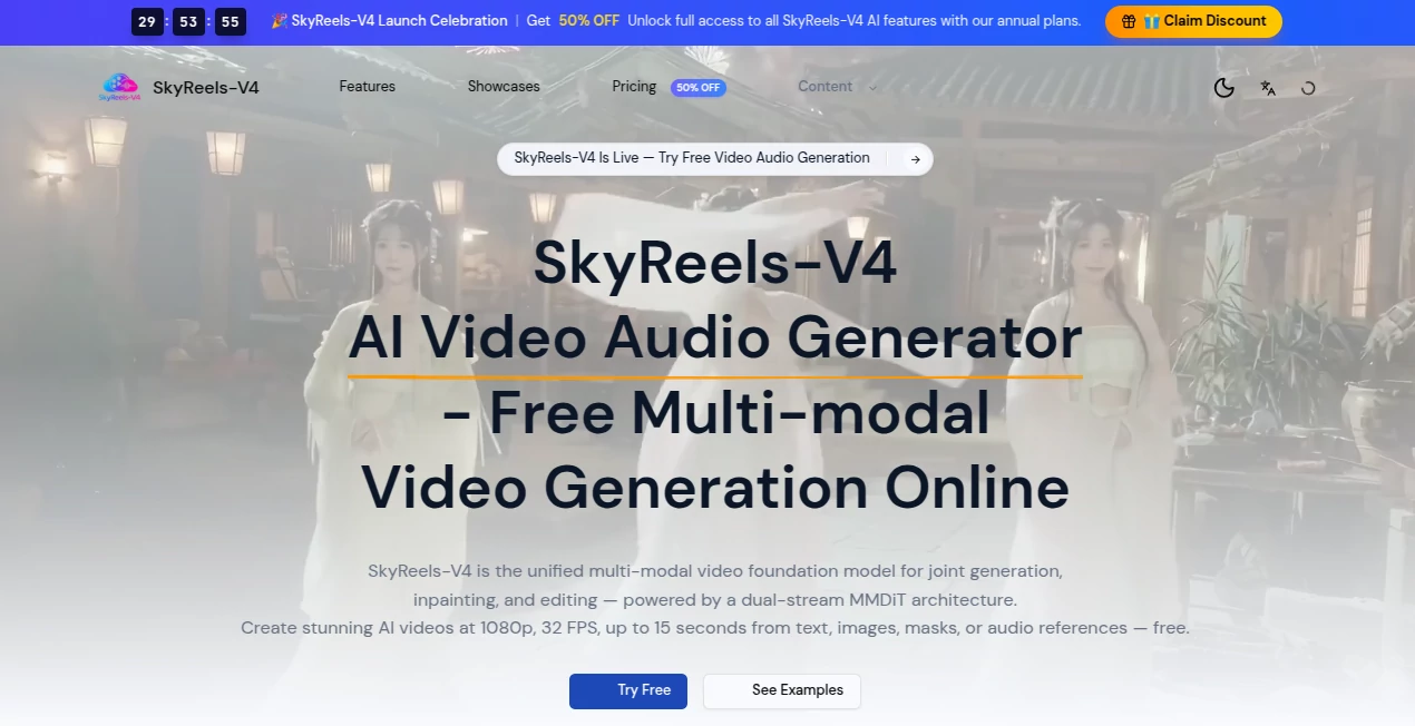 Screenshot of SkyReels-V4 – An AI tool in the ,AI Animated Video ,AI Image to Video ,AI Video Generator ,AI Text to Video  category, showcasing its interface and key features.