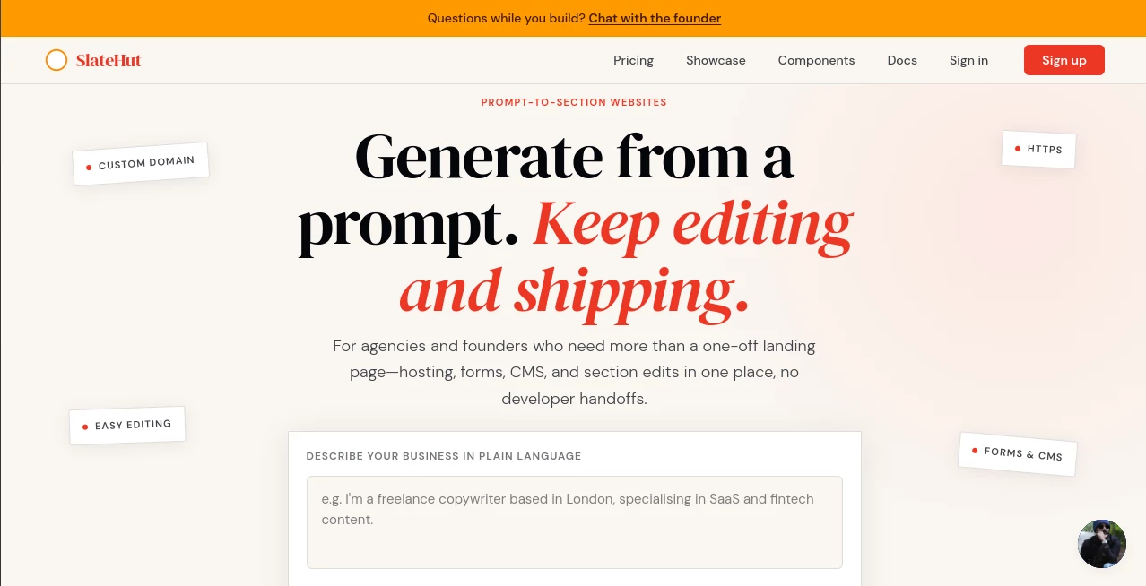 Screenshot of SlateHut – An AI tool in the ,AI Website Builder ,AI No-Code & Low-Code ,AI Design Generator ,AI Website Designer  category, showcasing its interface and key features.
