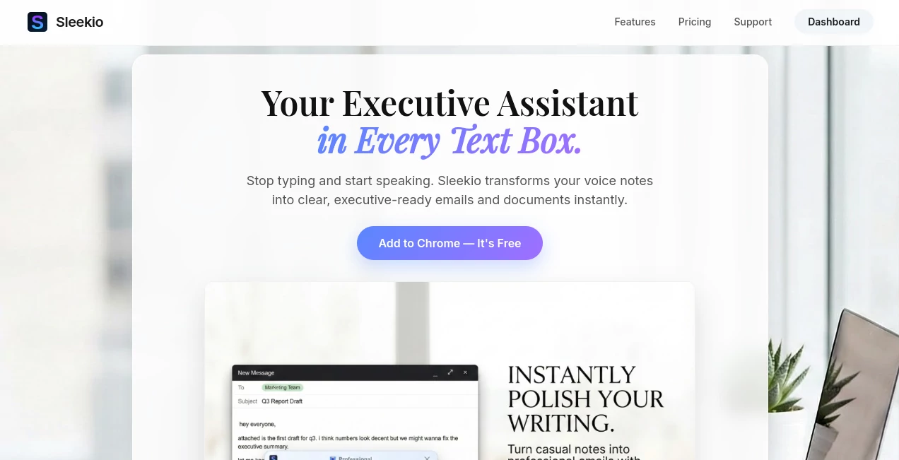 Screenshot of Sleekio – An AI tool in the ,AI Writing Assistants ,AI Transcriber ,AI Speech to Text ,AI Productivity Tools  category, showcasing its interface and key features.