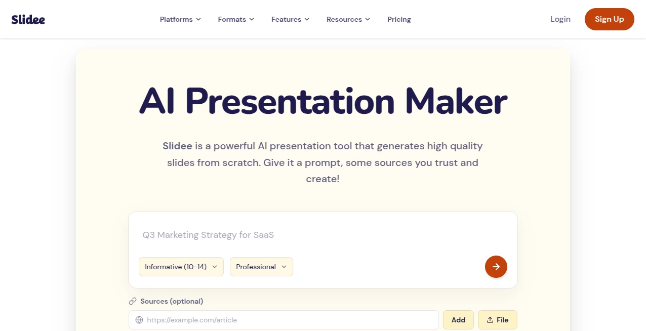 Screenshot of Slidee – An AI tool in the ,AI Design Assistant ,AI Content Generator ,AI Productivity Tools ,AI Presentation Generator  category, showcasing its interface and key features.