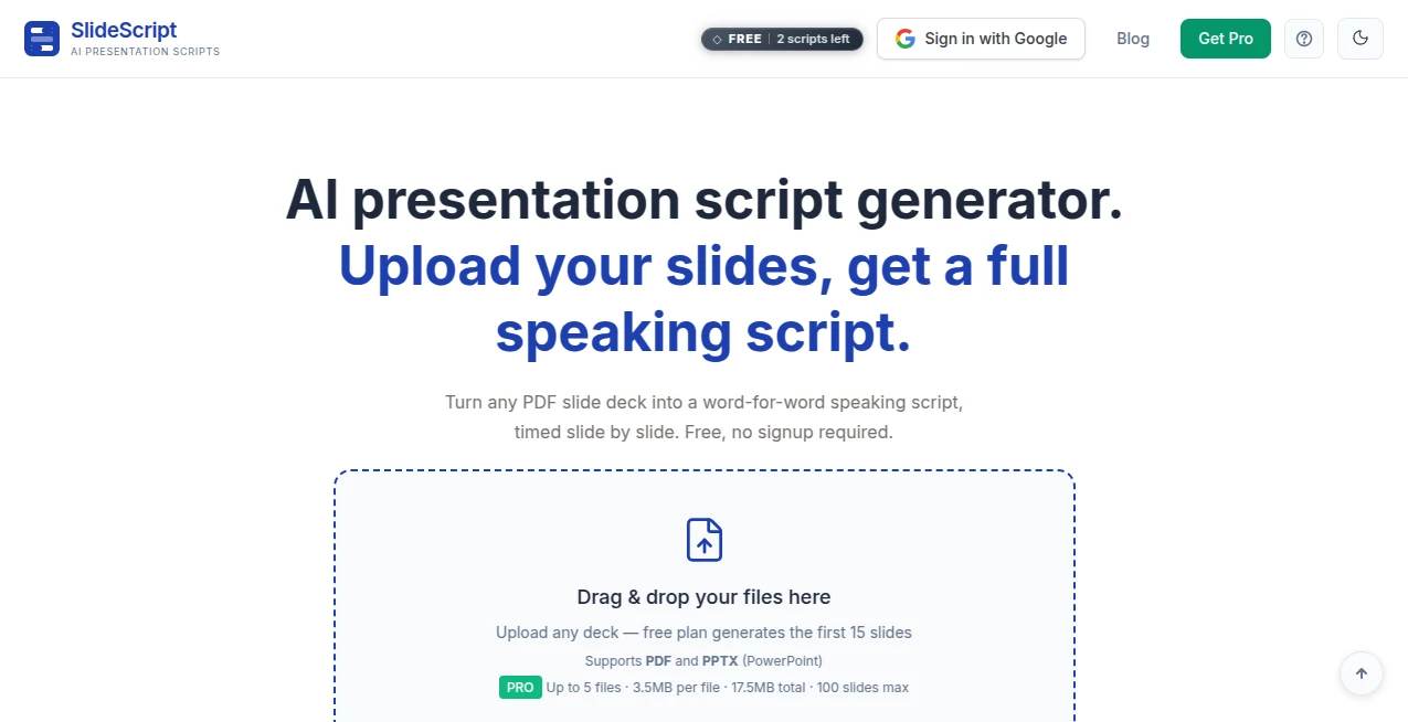 Screenshot of SlideScript – An AI tool in the ,AI Writing Assistants ,AI Presentation Generator ,AI Productivity Tools ,AI Documents Assistant  category, showcasing its interface and key features.