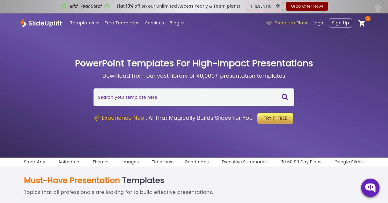 Screenshot of Slideuplift – An AI tool in the ,AI Diagram Generator ,Photo & Image Editor ,AI Design Generator ,AI Presentation Generator  category, showcasing its interface and key features.