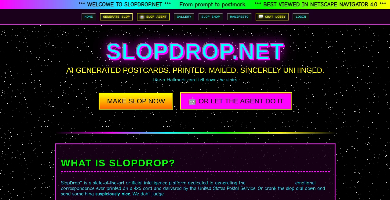 Screenshot of SlopDrop – An AI tool in the ,AI Content Generator ,AI Text to Image ,AI Photo & Image Generator ,AI Image to Video  category, showcasing its interface and key features.