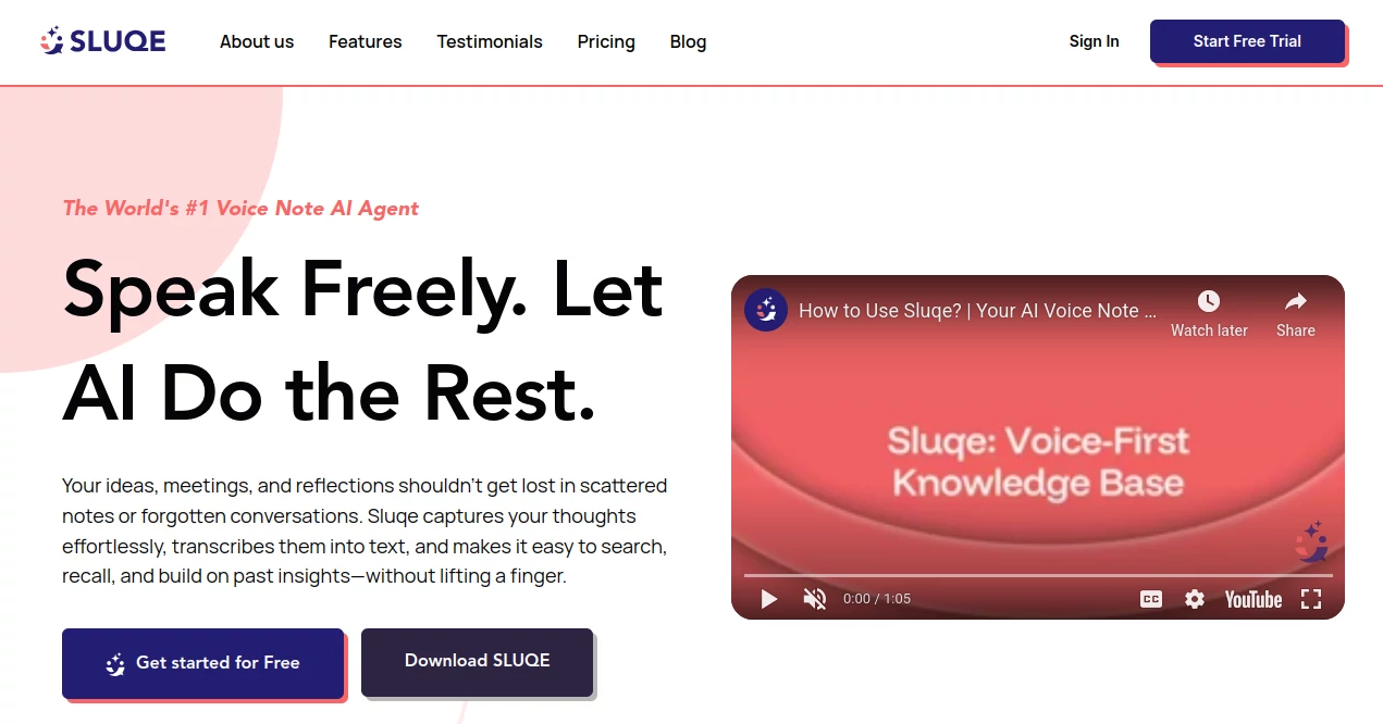 Screenshot of SLUQE – An AI tool in the ,AI Speech to Text ,AI Transcription ,AI Meeting Assistant ,AI Notes Assistant  category, showcasing its interface and key features.