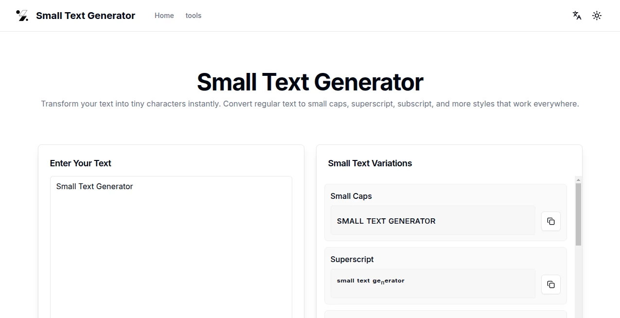 Screenshot of Small Text Generator – An AI tool in the ,AI Creative Writing ,AI Fun Tools ,AI Content Generator ,AI General Writing  category, showcasing its interface and key features.