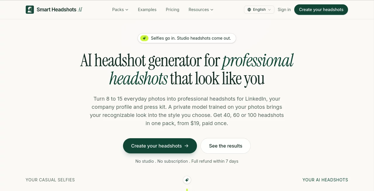 Screenshot of Smart Headshots AI – An AI tool in the ,AI Photo & Image Generator ,AI Photography ,AI Profile Picture Generator ,AI Selfie & Portrait ,Image  category, showcasing its interface and key features.