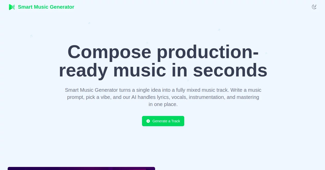 Screenshot of Smart Music Generator – An AI tool in the ,AI Text to Music ,AI Singing Generator ,AI Music Generator ,AI Voice Cloning  category, showcasing its interface and key features.