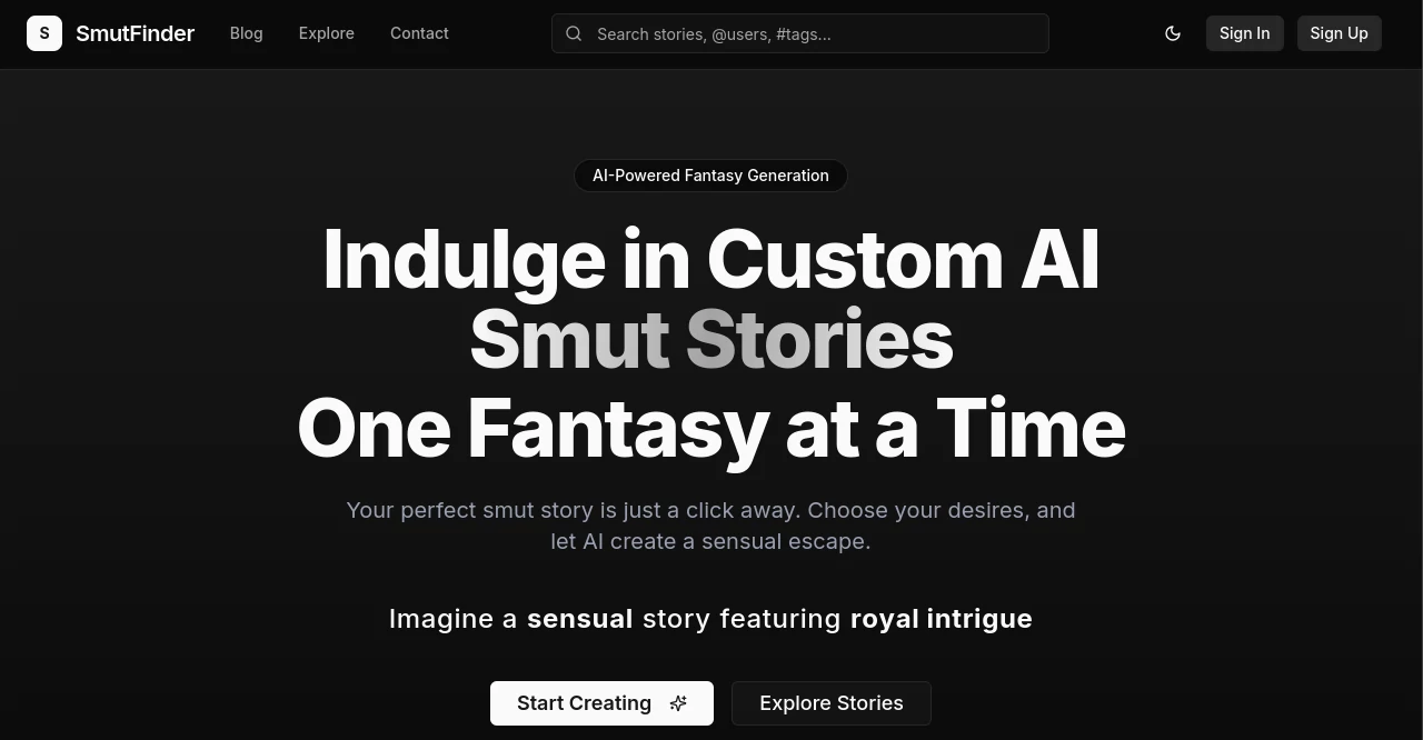Screenshot of SmutFinder – An AI tool in the ,AI Story Writing ,AI Creative Writing ,AI Chatbot ,NSFW  category, showcasing its interface and key features.