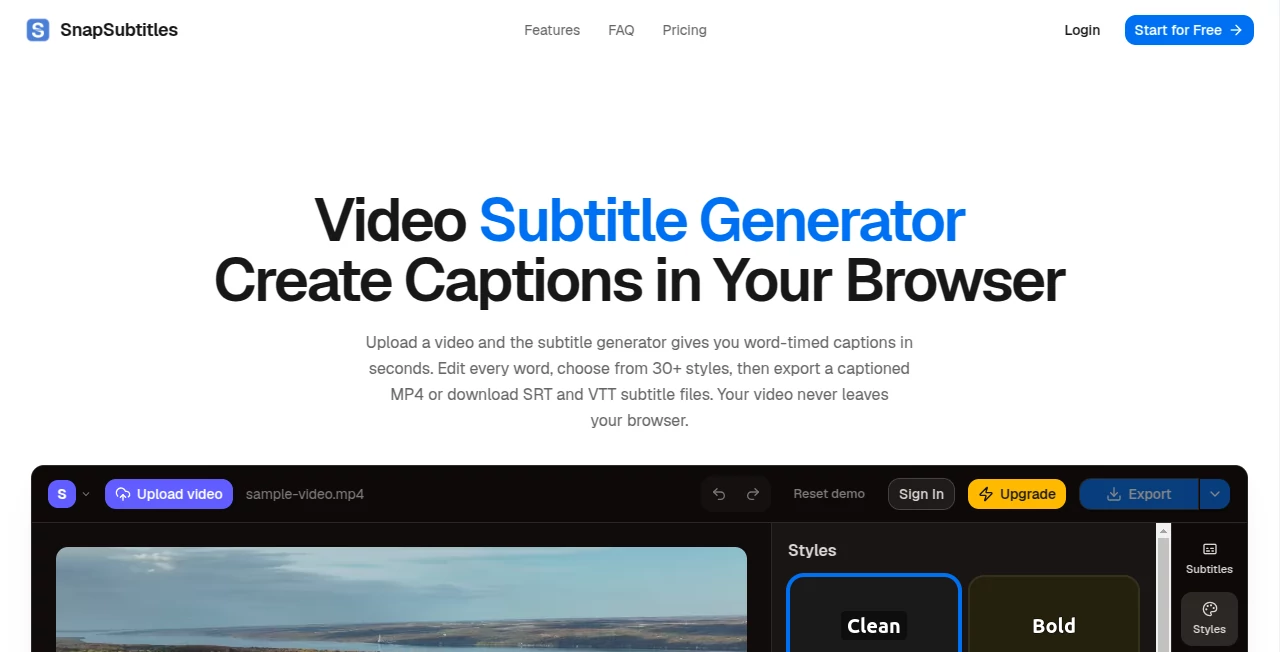 Screenshot of SnapSubtitles – An AI tool in the ,AI Captions or Subtitle ,AI Video Editor ,AI Video Generator ,AI Speech to Text  category, showcasing its interface and key features.