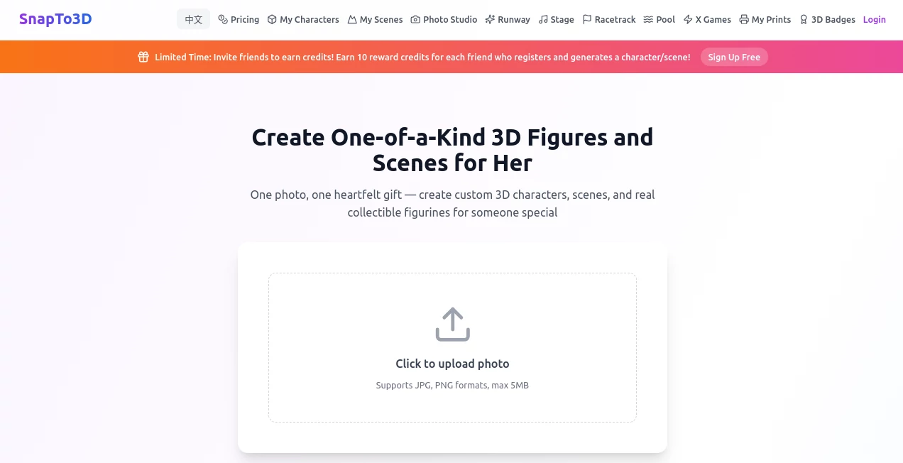 Screenshot of SnapTo3D – An AI tool in the ,AI Avatar Generator ,AI 3D Model Generator ,AI Image to 3D Model ,3D  category, showcasing its interface and key features.