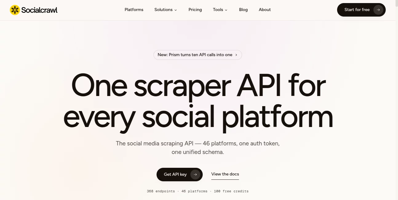 Screenshot of SocialCrawl – An AI tool in the ,AI Web Scraping ,AI API Design ,AI Analytics Assistant ,AI Developer Tools  category, showcasing its interface and key features.