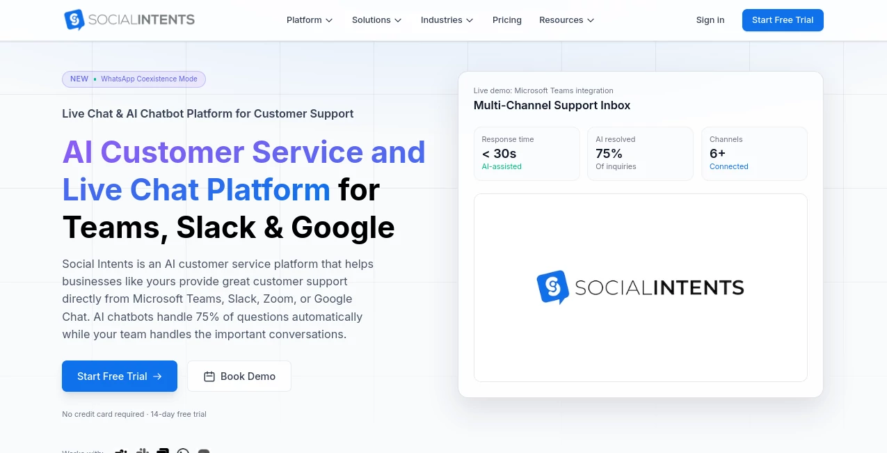 Screenshot of Social Intents – An AI tool in the ,AI Customer Service Assistant ,AI CRM Assistant ,AI Chatbot ,AI Team Collaboration  category, showcasing its interface and key features.