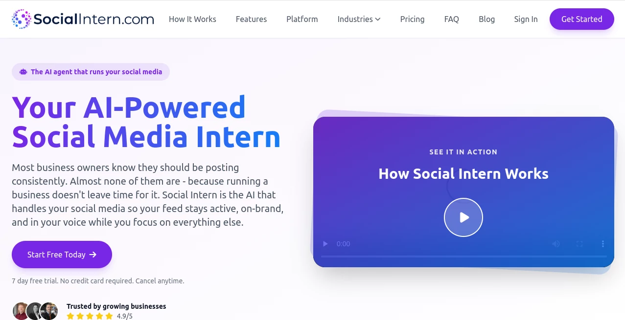 Screenshot of Social Intern – An AI tool in the ,AI Content Generator ,AI Social Media Assistant ,AI Digital Marketing Generator ,AI Marketing Plan Generator  category, showcasing its interface and key features.