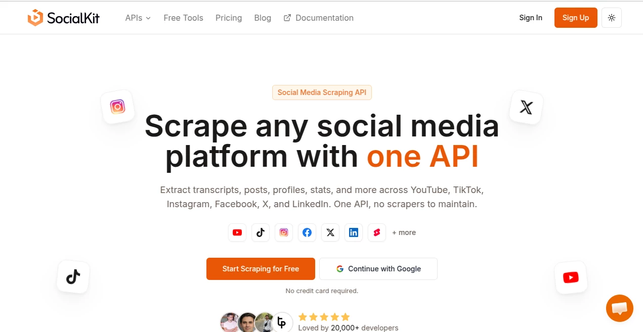 Screenshot of SocialKit – An AI tool in the ,AI API Design ,AI Developer Tools ,AI Research Tool ,AI Analytics Assistant  category, showcasing its interface and key features.