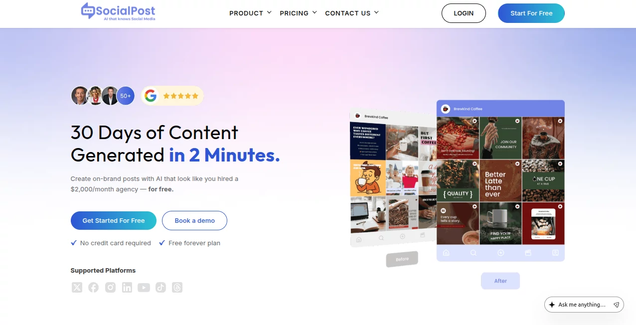 Screenshot of SocialPost – An AI tool in the ,AI Content Generator ,AI Social Media Assistant ,AI Analytics Assistant ,AI Marketing Plan Generator  category, showcasing its interface and key features.