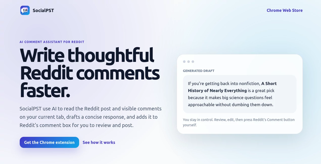 Screenshot of SocialPST – An AI tool in the ,AI Reply Assistant ,AI Content Generator ,AI Social Media Assistant  category, showcasing its interface and key features.