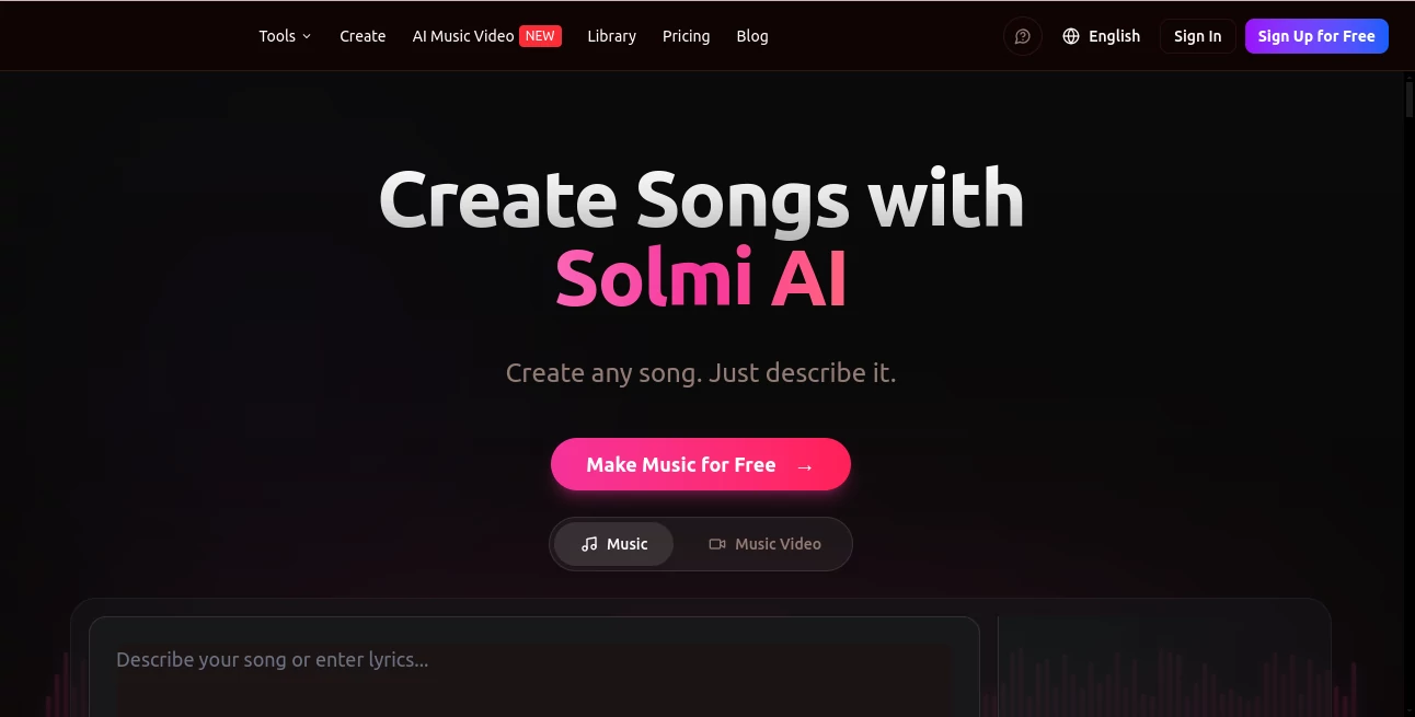 Screenshot of Solmi AI – An AI tool in the ,AI Lyrics Generator ,AI Music Generator ,AI Voice & Audio Editing ,AI Text to Music  category, showcasing its interface and key features.