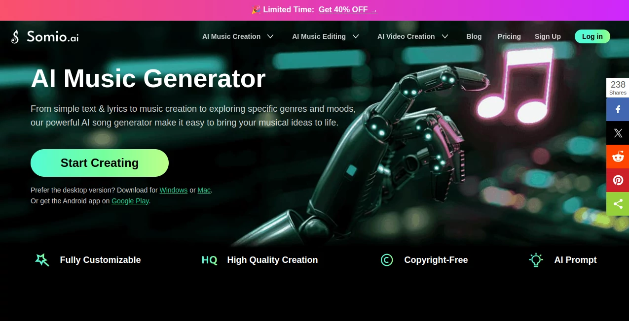 Screenshot of Somio AI – An AI tool in the ,AI Music Generator ,AI Voice & Audio Editing ,AI Text to Music ,AI Singing Generator  category, showcasing its interface and key features.