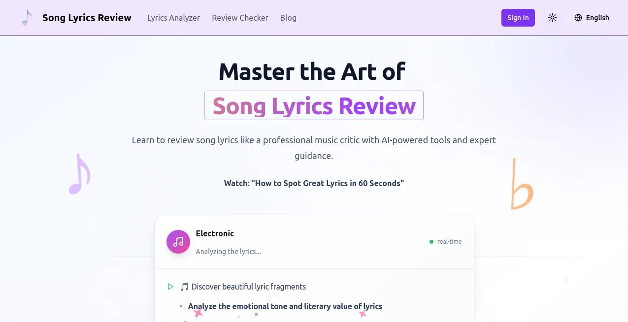 Screenshot of Song Lyrics Review – An AI tool in the ,AI Lyrics Generator ,AI Content Generator ,AI Music Generator  category, showcasing its interface and key features.
