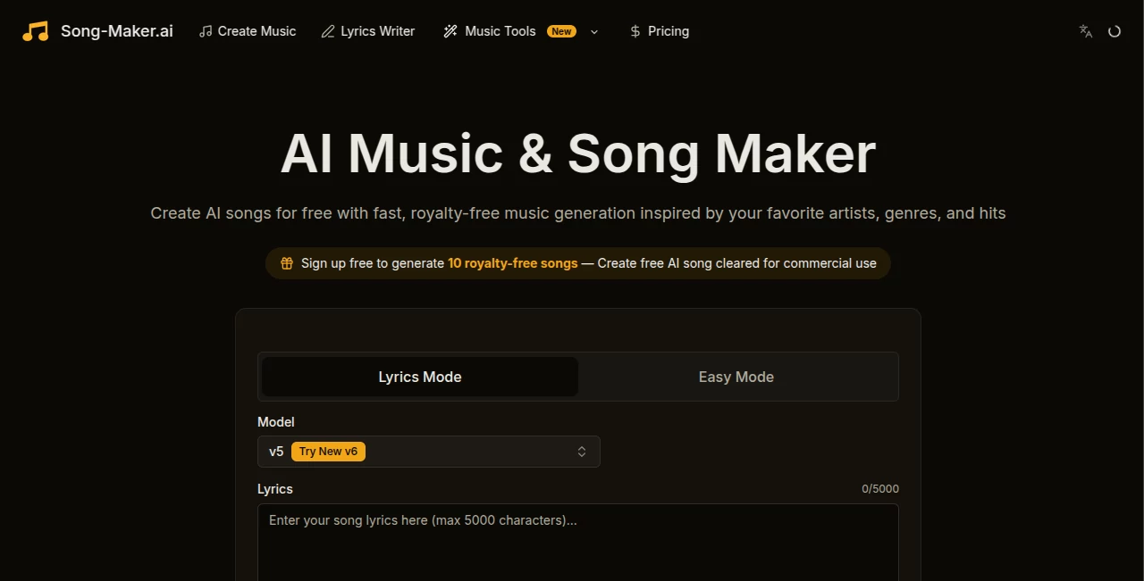 Screenshot of Song-Maker.ai – An AI tool in the ,AI Music Generator ,AI Voice & Audio Editing ,AI Rap Generator ,AI Text to Music  category, showcasing its interface and key features.