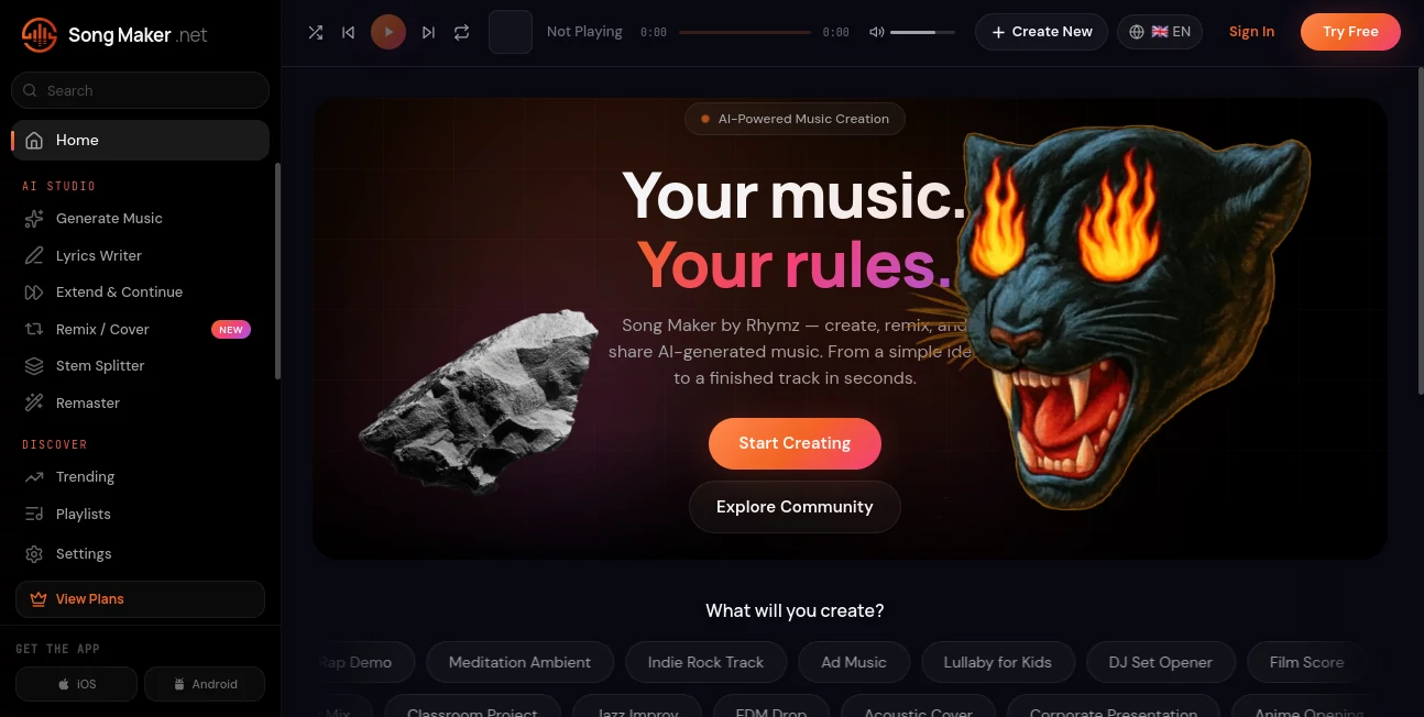 Screenshot of Song Maker – An AI tool in the ,AI Text to Music ,AI Singing Generator ,AI Music Generator ,AI Voice & Audio Editing  category, showcasing its interface and key features.