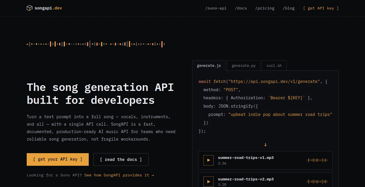 Screenshot of songapi.dev – An AI tool in the ,AI Text to Music ,AI Singing Generator ,AI Music Generator  category, showcasing its interface and key features.
