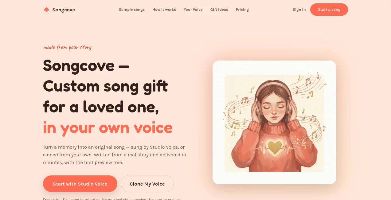Screenshot of Songcove – An AI tool in the ,AI Text to Music ,AI Voice Cloning ,AI Music Generator ,AI Singing Generator  category, showcasing its interface and key features.