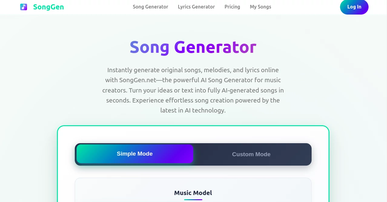 Screenshot of SongGen – An AI tool in the ,AI Text to Music ,AI Singing Generator ,AI Lyrics Generator ,AI Music Generator  category, showcasing its interface and key features.