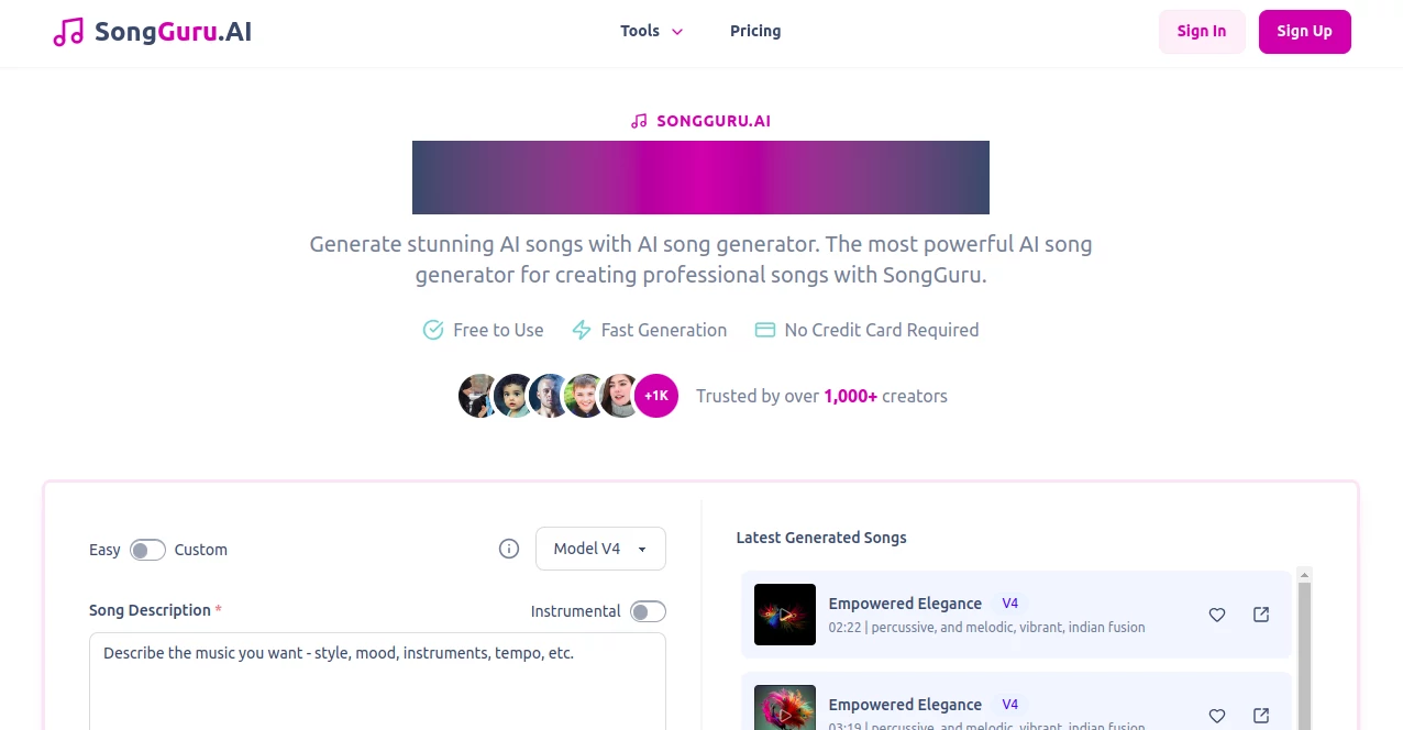 Screenshot of SongGuru.AI – An AI tool in the ,AI Text to Music ,AI Lyrics Generator ,AI Music Generator  category, showcasing its interface and key features.