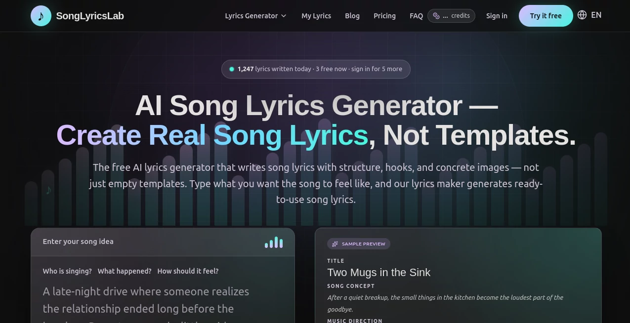 Screenshot of SongLyrics Lab – An AI tool in the ,AI Creative Writing ,AI Lyrics Generator ,AI Content Generator ,AI Music Generator  category, showcasing its interface and key features.