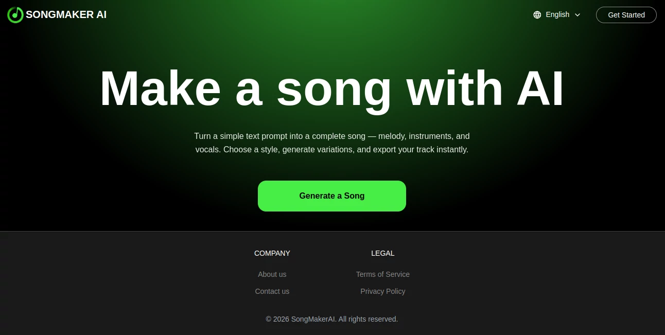 Screenshot of SONGMAKER AI – An AI tool in the ,AI Text to Music ,AI Lyrics Generator ,AI Music Generator ,AI Singing Generator  category, showcasing its interface and key features.