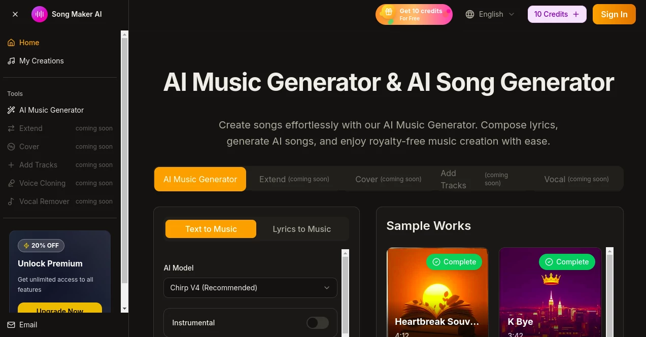 Screenshot of Song Maker AI – An AI tool in the ,AI Text to Music ,AI Singing Generator ,AI Lyrics Generator ,AI Music Generator  category, showcasing its interface and key features.