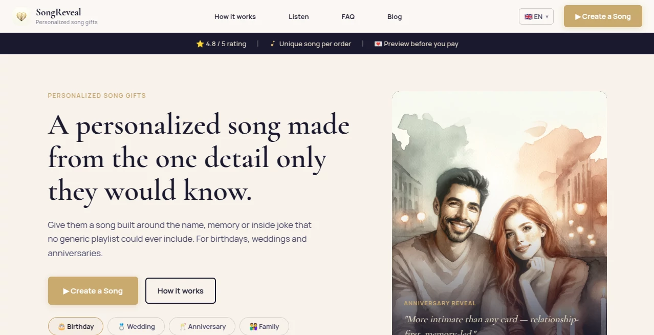 Screenshot of SongReveal – An AI tool in the ,AI Audio Enhancer ,AI Music Generator ,AI Text to Music ,AI Fun Tools  category, showcasing its interface and key features.